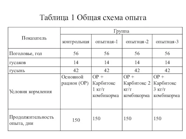 Таблица 1 Общая схема опыта