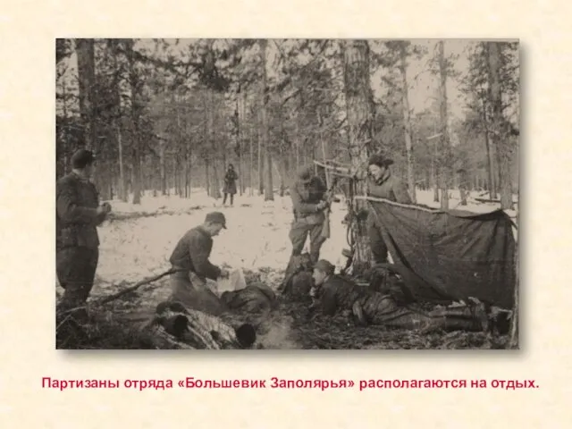 Партизаны отряда «Большевик Заполярья» располагаются на отдых.