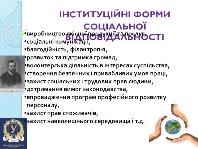 ІНСТИТУЦІЙНІ ФОРМИ СОЦІАЛЬНОЇ ВІДПОВІДАЛЬНОСТІ виробництво якісної продукції та послуг, соціальні комунікації, благодійність,