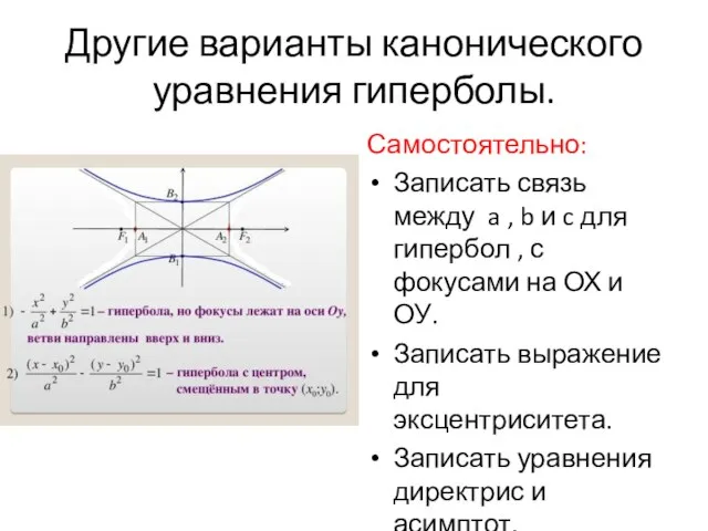 Другие варианты канонического уравнения гиперболы. Самостоятельно: Записать связь между a , b