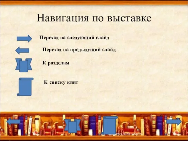 Навигация по выставке Переход на следующий слайд Переход на предыдущий слайд К разделам К списку книг