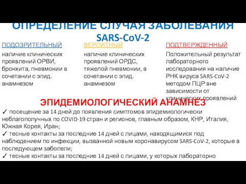 ОПРЕДЕЛЕНИЕ СЛУЧАЯ ЗАБОЛЕВАНИЯ SARS-CoV-2 ЭПИДЕМИОЛОГИЧЕСКИЙ АНАМНЕЗ ✓ посещение за 14 дней до