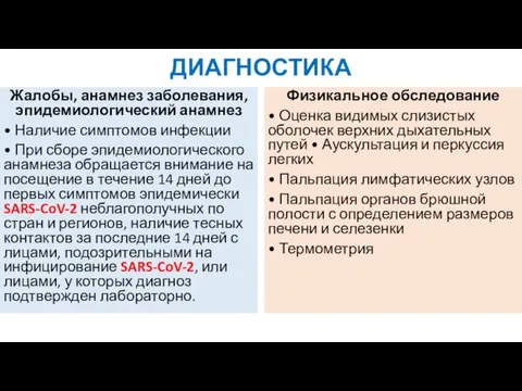 ДИАГНОСТИКА Жалобы, анамнез заболевания, эпидемиологический анамнез • Наличие симптомов инфекции • При