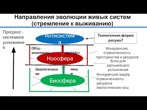 Направления эволюции живых систем (стремление к выживанию) Биосфера Прогресс - системное усложнение