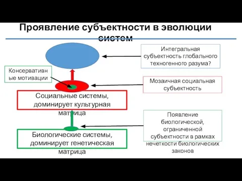 Проявление субъектности в эволюции систем Биологические системы, доминирует генетическая матрица Появление биологической,