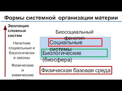 Формы системной организации материи Физическая базовая среда Биологические (биосфера) Социальные системы Физические