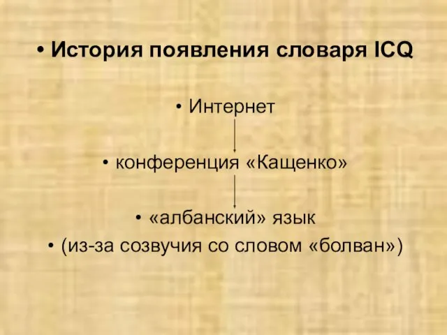 История появления словаря ICQ Интернет конференция «Кащенко» «албанский» язык (из-за созвучия со словом «болван»)