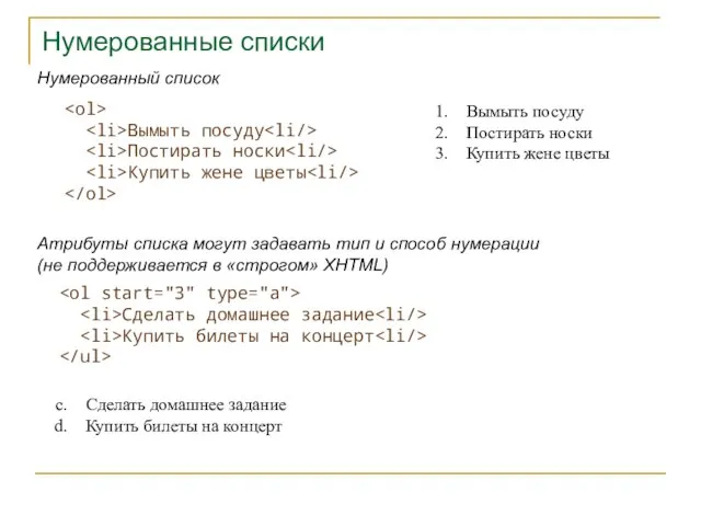 Нумерованные списки Вымыть посуду Постирать носки Купить жене цветы Нумерованный список Вымыть