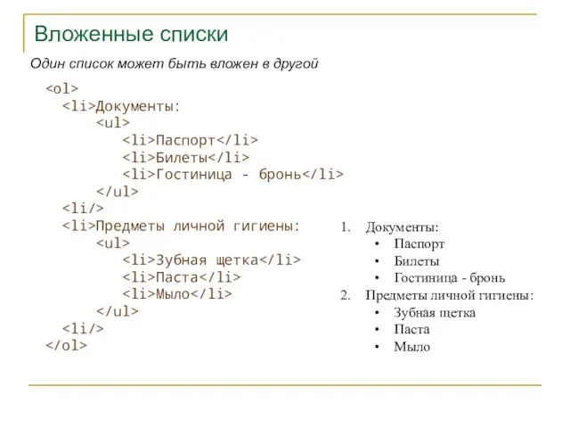 Вложенные списки Документы: Паспорт Билеты Гостиница - бронь Предметы личной гигиены: Зубная