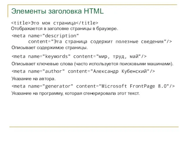 Элементы заголовка HTML Это моя страница Отображается в заголовке страницы в браузере.