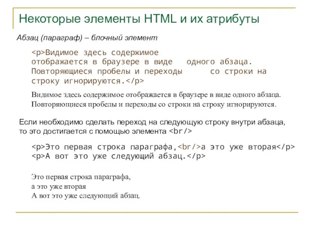 Некоторые элементы HTML и их атрибуты Видимое здесь содержимое отображается в браузере