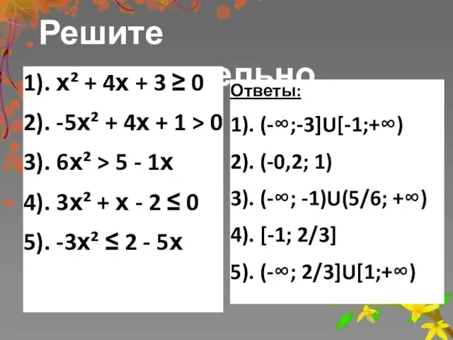 Решите самостоятельно 1). х² + 4х + 3 ≥ 0 2). -5х²