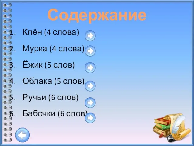 Содержание Клён (4 слова) Мурка (4 слова) Ёжик (5 слов) Облака (5