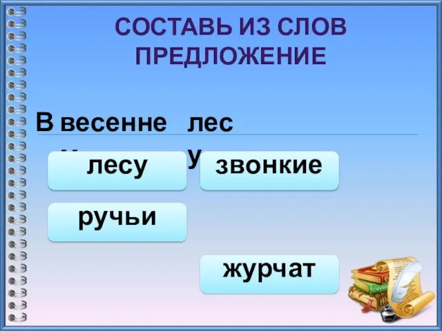 СОСТАВЬ ИЗ СЛОВ ПРЕДЛОЖЕНИЕ В весеннем лесу лесу журчат звонкие ручьи