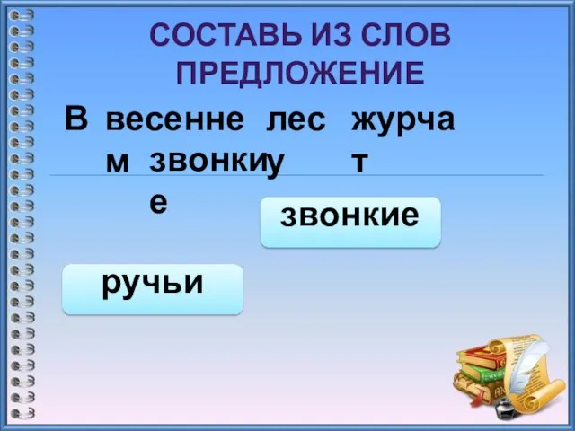 СОСТАВЬ ИЗ СЛОВ ПРЕДЛОЖЕНИЕ В весеннем лесу журчат звонкие ручьи звонкие