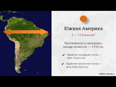 Южная Америка S — 17,8 млн км2 Протяжённость материка с запада на