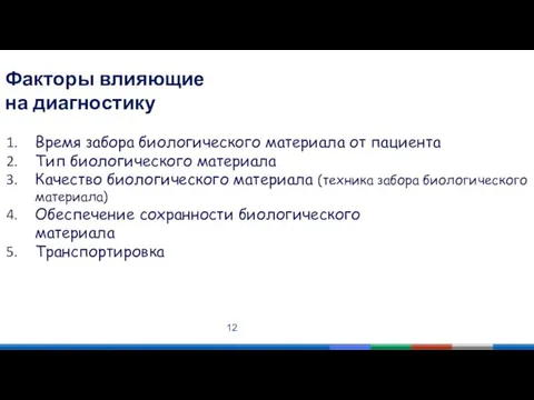 Факторы влияющие на диагностику Время забора биологического материала от пациента Тип биологического