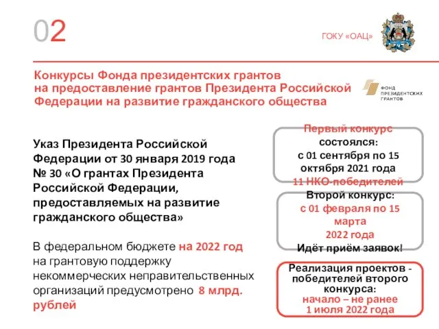 02 ГОКУ «ОАЦ» Конкурсы Фонда президентских грантов на предоставление грантов Президента Российской