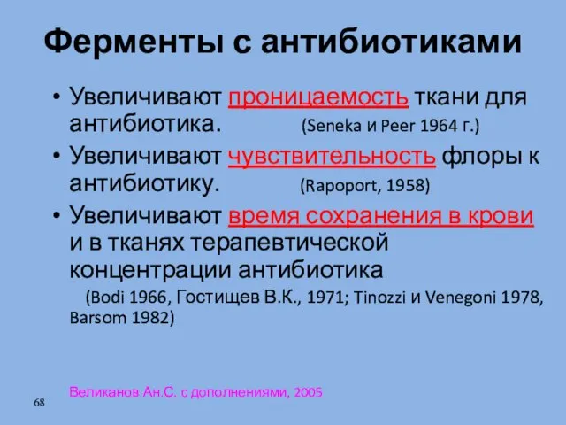 Ферменты с антибиотиками Увеличивают проницаемость ткани для антибиотика. (Seneka и Peer 1964