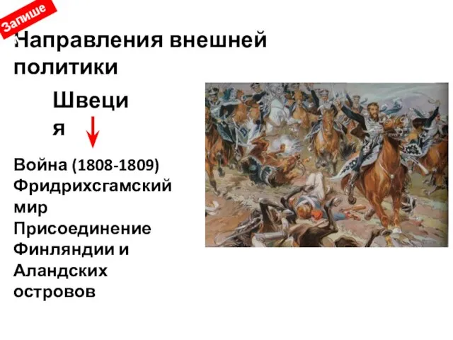 Направления внешней политики Швеция Война (1808-1809) Фридрихсгамский мир Присоединение Финляндии и Аландских островов Запишем