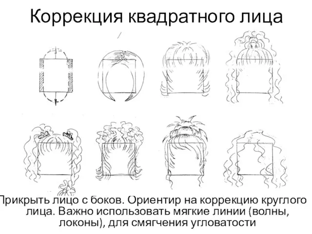 Коррекция квадратного лица Прикрыть лицо с боков. Ориентир на коррекцию круглого лица.