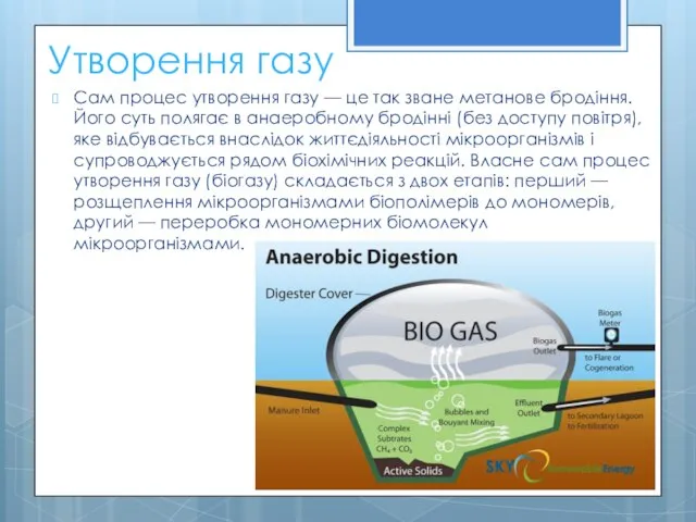 Утворення газу Сам процес утворення газу — це так зване метанове бродіння.