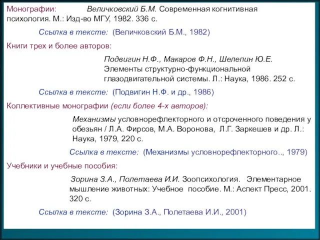 Монографии: Величковский Б.М. Современная когнитивная психология. М.: Изд-во МГУ, 1982. 336 с.