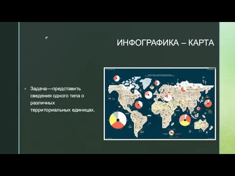 ИНФОГРАФИКА – КАРТА Задача — представить сведения одного типа о различных территориальных единицах.