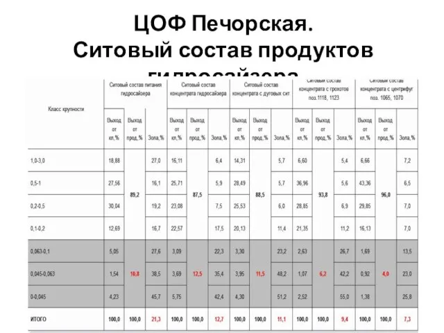 ЦОФ Печорская. Ситовый состав продуктов гидросайзера