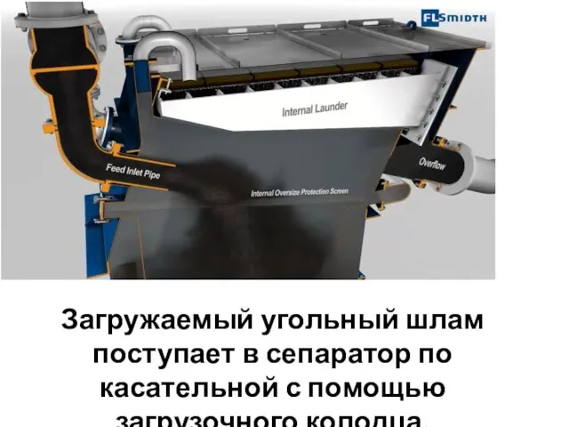 Загружаемый угольный шлам поступает в сепаратор по касательной с помощью загрузочного колодца.