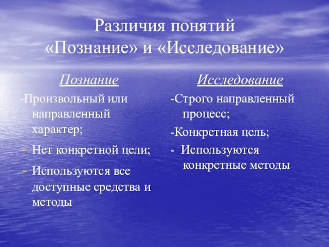 Различия понятий «Познание» и «Исследование» Познание -Произвольный или направленный характер; Нет конкретной