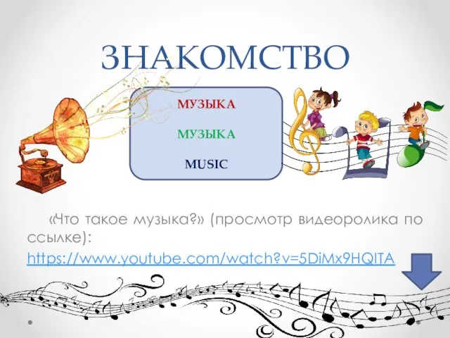 ЗНАКОМСТВО «Что такое музыка?» (просмотр видеоролика по ссылке): https://www.youtube.com/watch?v=5DiMx9HQITA МУЗЫКА МУЗЫКА MUSIC