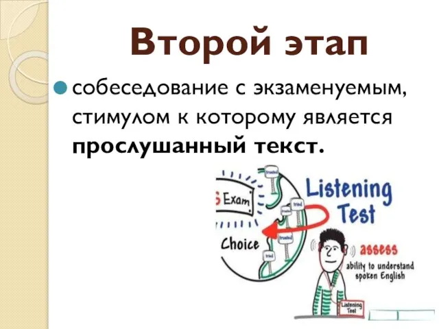 Второй этап собеседование с экзаменуемым, стимулом к которому является прослушанный текст.