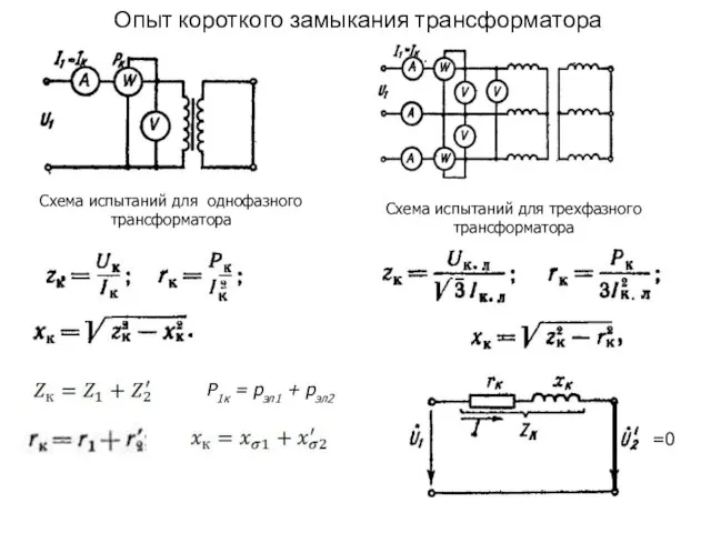 Опыт короткого замыкания трансформатора Схема испытаний для однофазного трансформатора Схема испытаний для