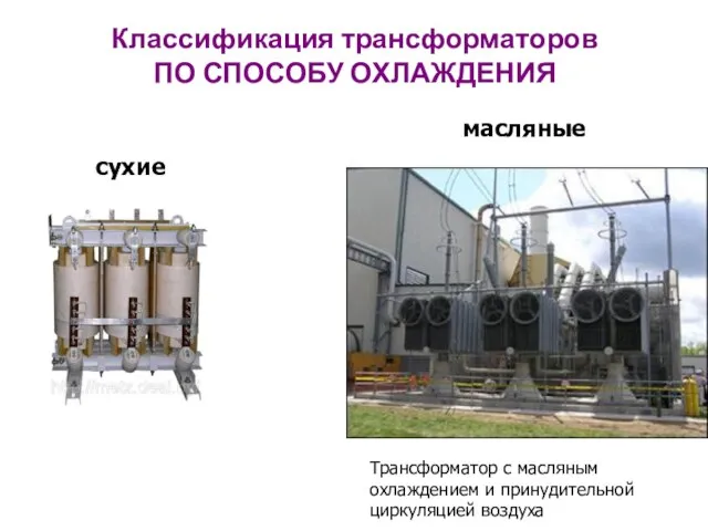 Классификация трансформаторов ПО СПОСОБУ ОХЛАЖДЕНИЯ сухие масляные Трансформатор с масляным охлаждением и принудительной циркуляцией воздуха