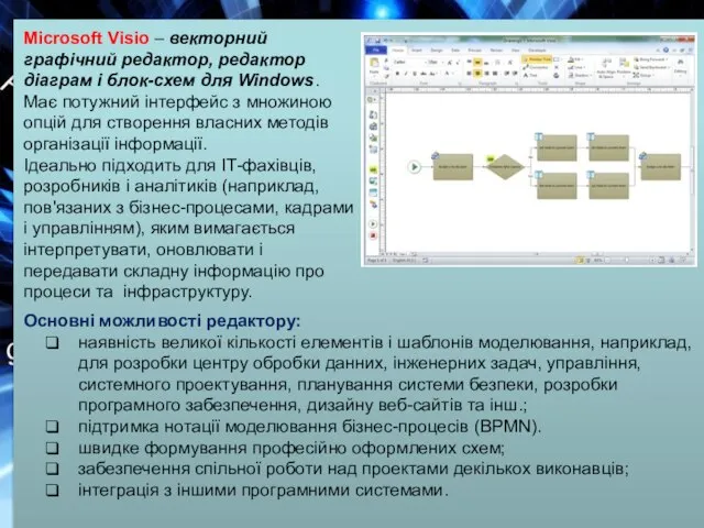Microsoft Visio – векторний графічний редактор, редактор діаграм і блок-схем для Windows.