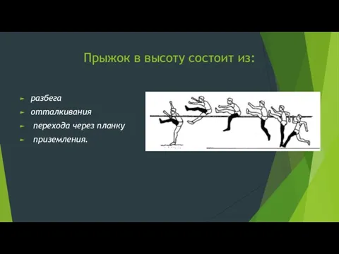 Прыжок в высоту состоит из: разбега отталкивания перехода через планку приземления.