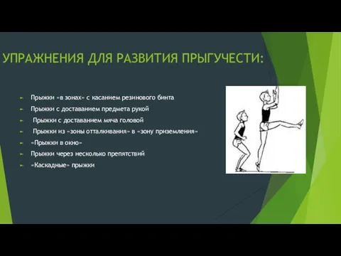 УПРАЖНЕНИЯ ДЛЯ РАЗВИТИЯ ПРЫГУЧЕСТИ: Прыжки «в зонах» с касанием резинового бинта Прыжки