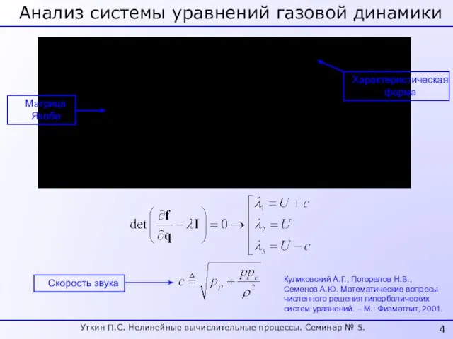 Анализ системы уравнений газовой динамики Характеристическая форма Скорость звука Матрица Якоби Куликовский