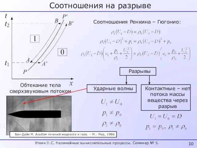 Соотношения на разрыве Соотношения Ренкина – Гюгонио: Разрывы Контактные – нет потока