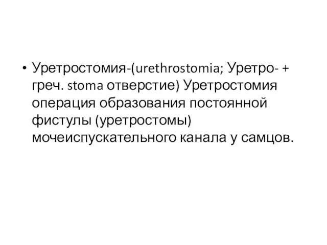 Уретростомия-(urethrostomia; Уретро- + греч. stoma отверстие) Уретростомия операция образования постоянной фистулы (уретростомы) мочеиспускательного канала у самцов.