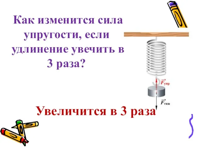 Увеличится в 3 раза Как изменится сила упругости, если удлинение увечить в 3 раза?