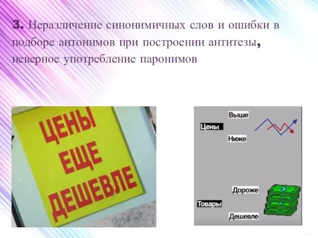 3. Неразличение синонимичных слов и ошибки в подборе антонимов при построении антитезы, неверное употребление паронимов