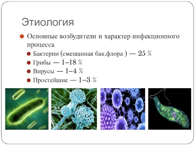 Этиология Основные возбудители и характер инфекционного процесса Бактерии (смешанная бак.флора ) —