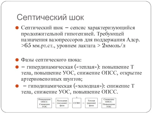 Септический шок Септический шок – сепсис характеризующийся продолжительной гипотензией. Требующей назначения вазопрессоров