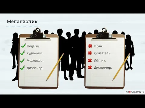 Педагог. Художник. Модельер. Дизайнер. Врач. Спасатель. Лётчик. Диспетчер. Меланхолик