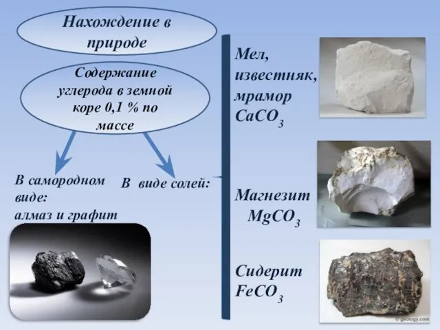 Нахождение в природе Мел, известняк, мрамор CaCO3 Магнезит MgCO3 Сидерит FeCO3 В