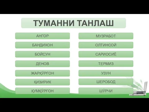 ТУМАННИ ТАНЛАШ АНГОР БАНДИХОН БОЙСУН ДЕНОВ ЖАРҚЎРҒОН ҚИЗИРИК ҚУМҚЎРҒОН МУЗРАБОТ ОЛТИНСОЙ САРИОСИЁ ТЕРМИЗ УЗУН ШЕРОБОД ШЎРЧИ