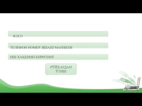 Ф.И.О РЎЙХАТДАН ЎТИШ ТЕЛЕФОН НОМЕР. ЯШАШ МАНЗИЛИ ИШ ХАҚҚИНИ КИРИТИНГ