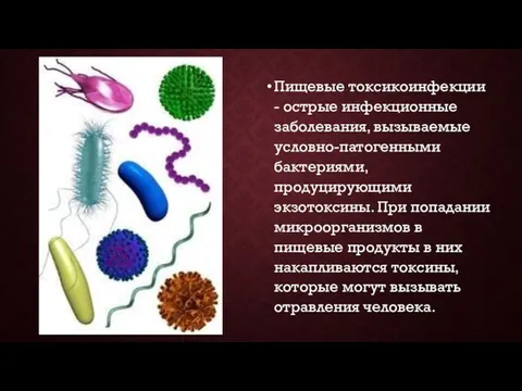 Пищевые токсикоинфекции - острые инфекционные заболевания, вызываемые условно-патогенными бактериями, продуцирующими экзотоксины. При